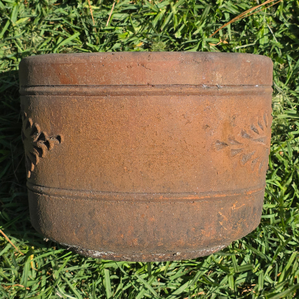 Vintage Terracotta Planter 10" Floral Relief Aged Clay Flower Pot Heavy Duty
