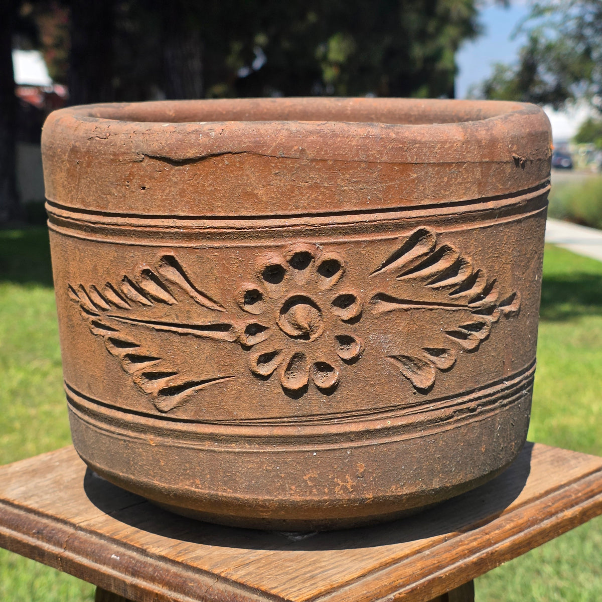 Vintage Terracotta Planter 10" Floral Relief Aged Clay Flower Pot Heavy Duty