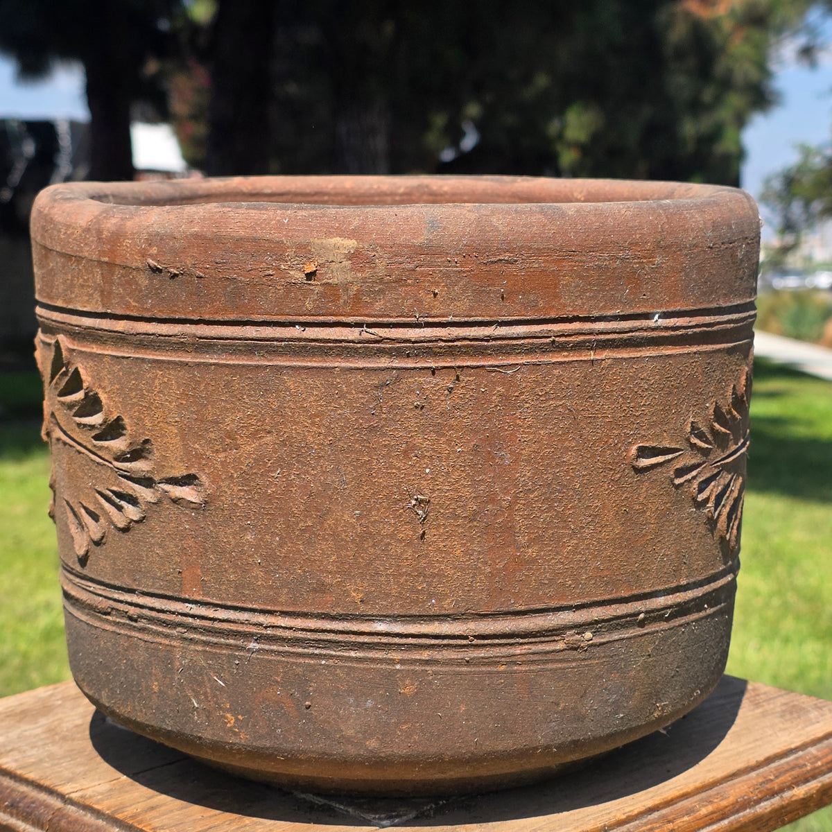 Vintage Terracotta Planter 10" Floral Relief Aged Clay Flower Pot Heavy Duty