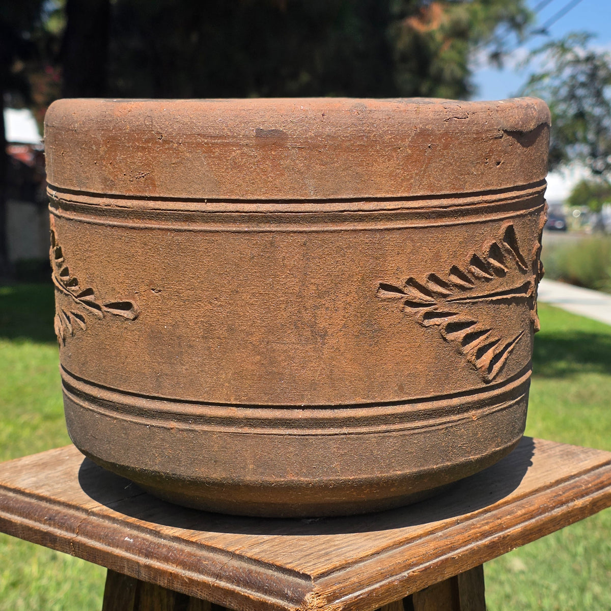 Vintage Terracotta Planter 10" Floral Relief Aged Clay Flower Pot Heavy Duty