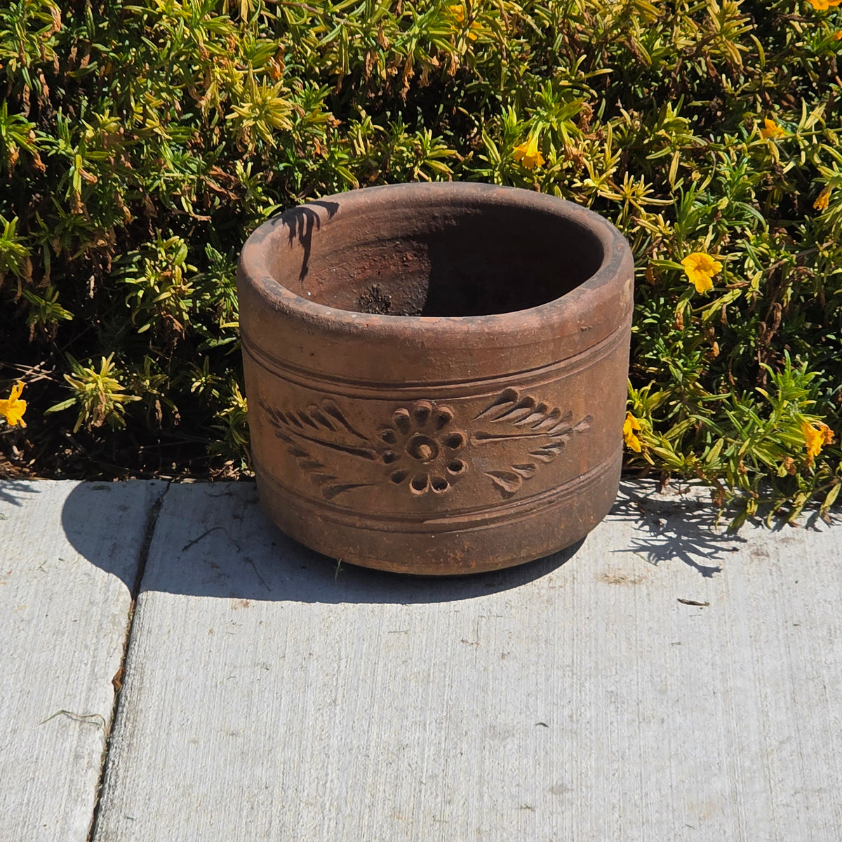 Vintage Terracotta Planter 10" Floral Relief Aged Clay Flower Pot Heavy Duty