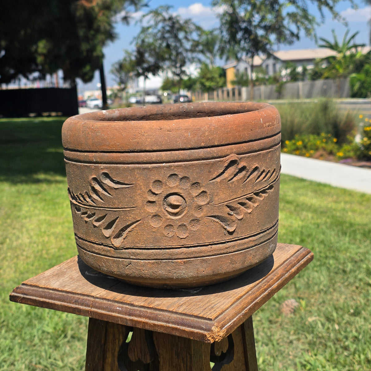 Vintage Terracotta Planter 10" Floral Relief Aged Clay Flower Pot Heavy Duty