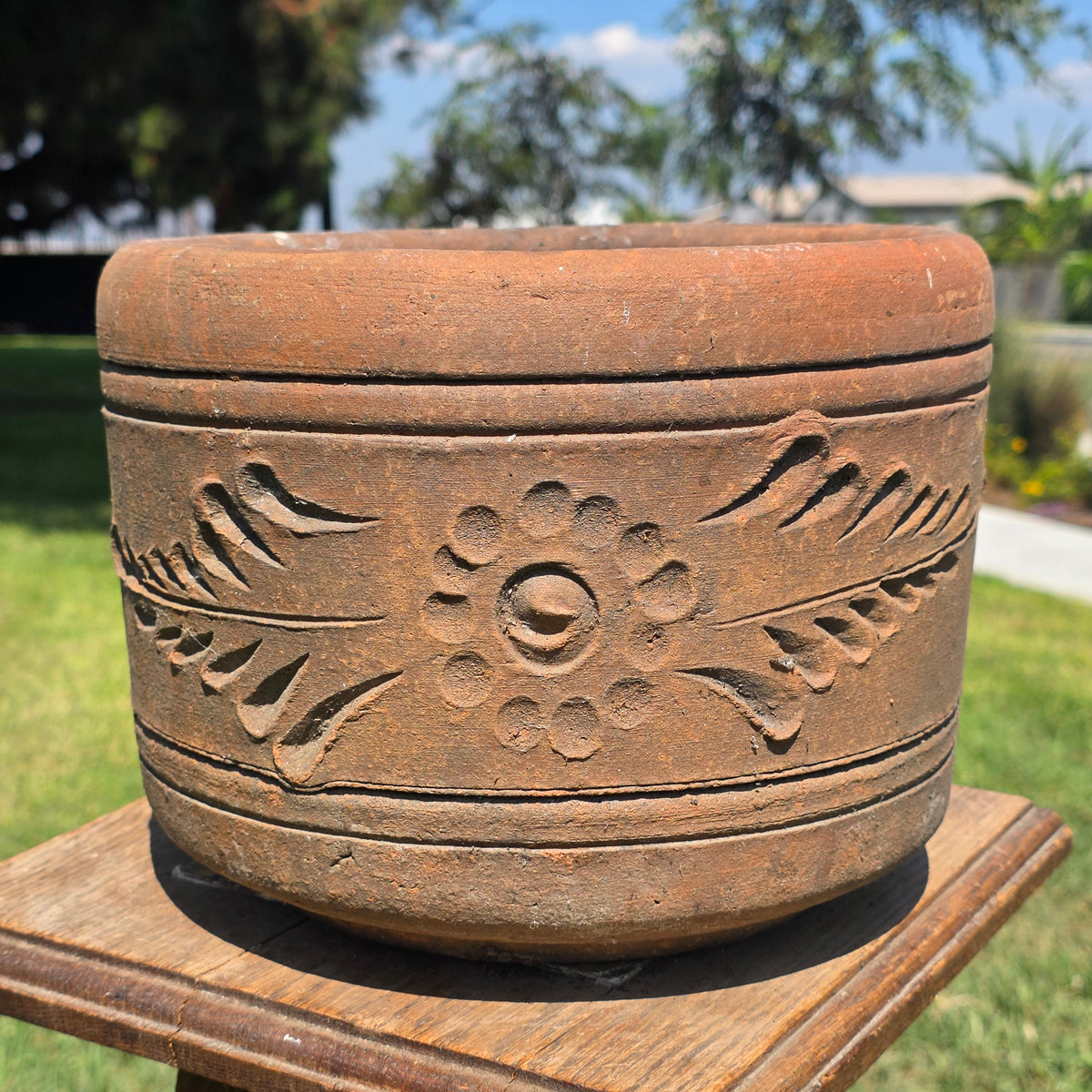 Vintage Terracotta Planter 10" Floral Relief Aged Clay Flower Pot Heavy Duty