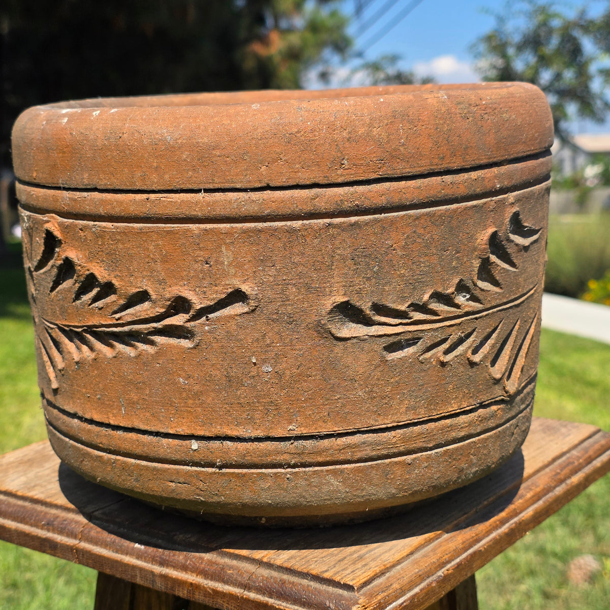 Vintage Terracotta Planter 10" Floral Relief Aged Clay Flower Pot Heavy Duty