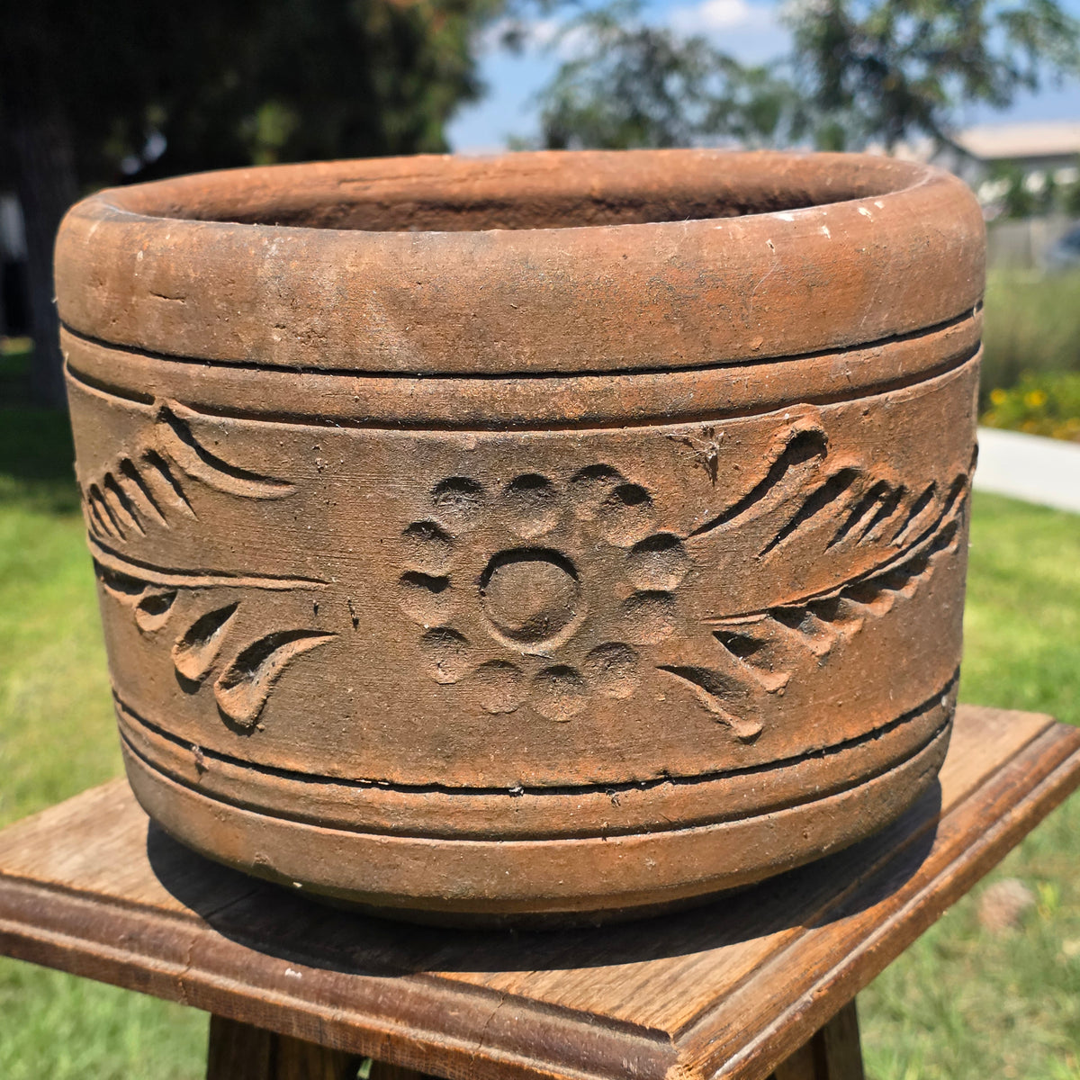 Vintage Terracotta Planter 10" Floral Relief Aged Clay Flower Pot Heavy Duty