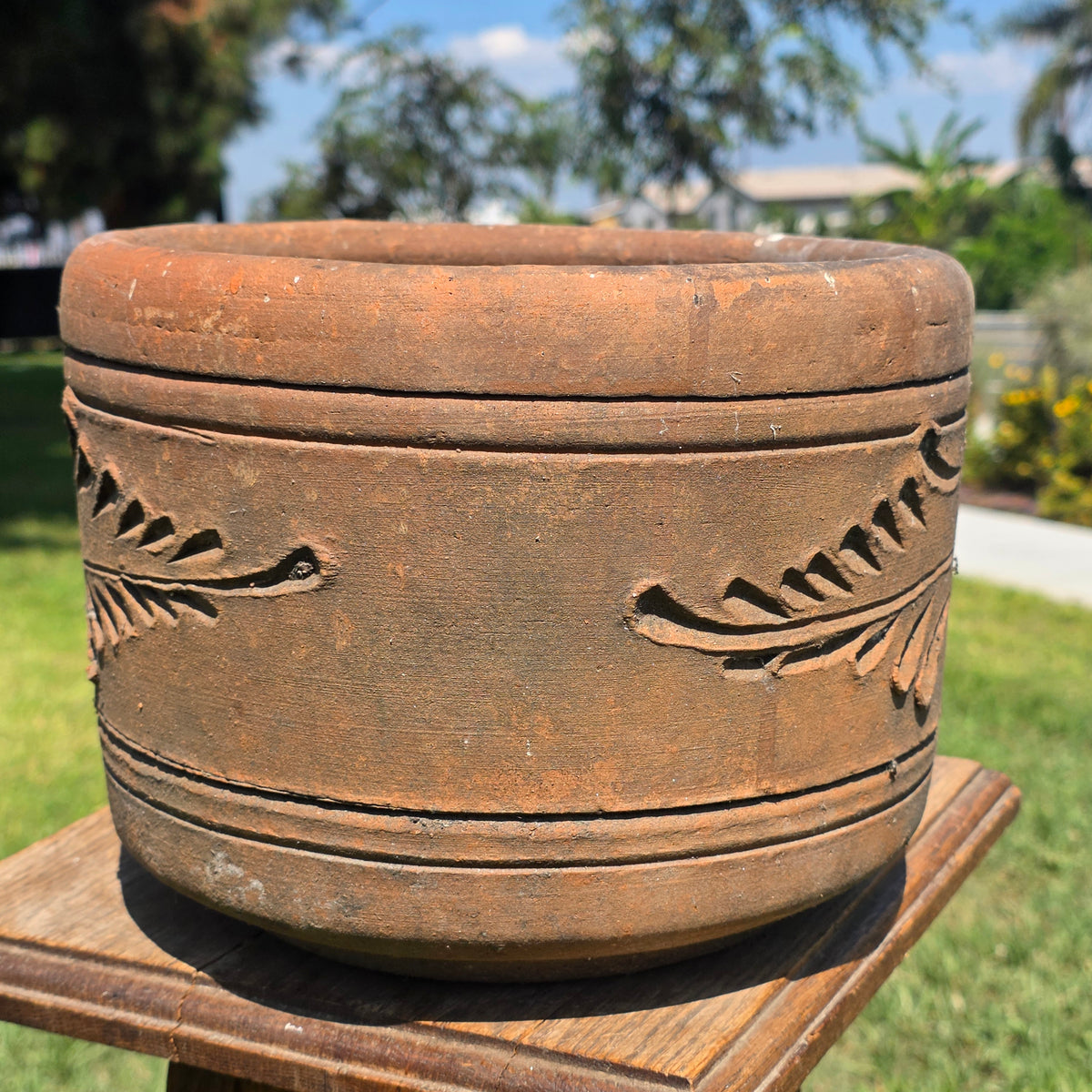 Vintage Terracotta Planter 10" Floral Relief Aged Clay Flower Pot Heavy Duty