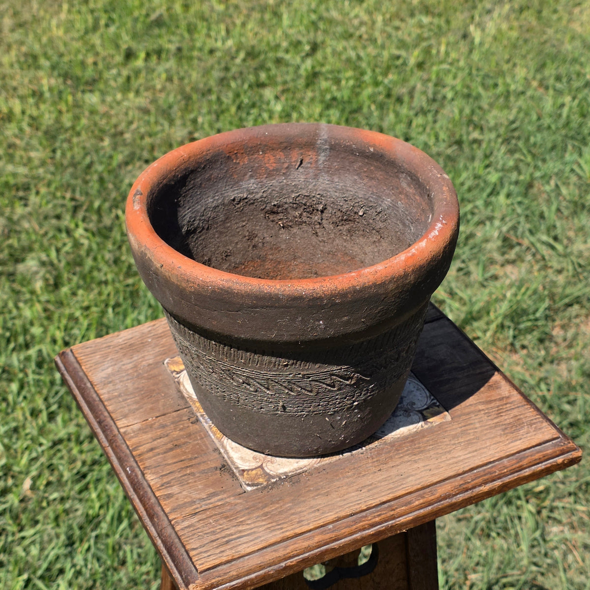 Vtg Mexico Terracotta Planter Aztec Geometric Carved Clay Pot Southwestern 6"