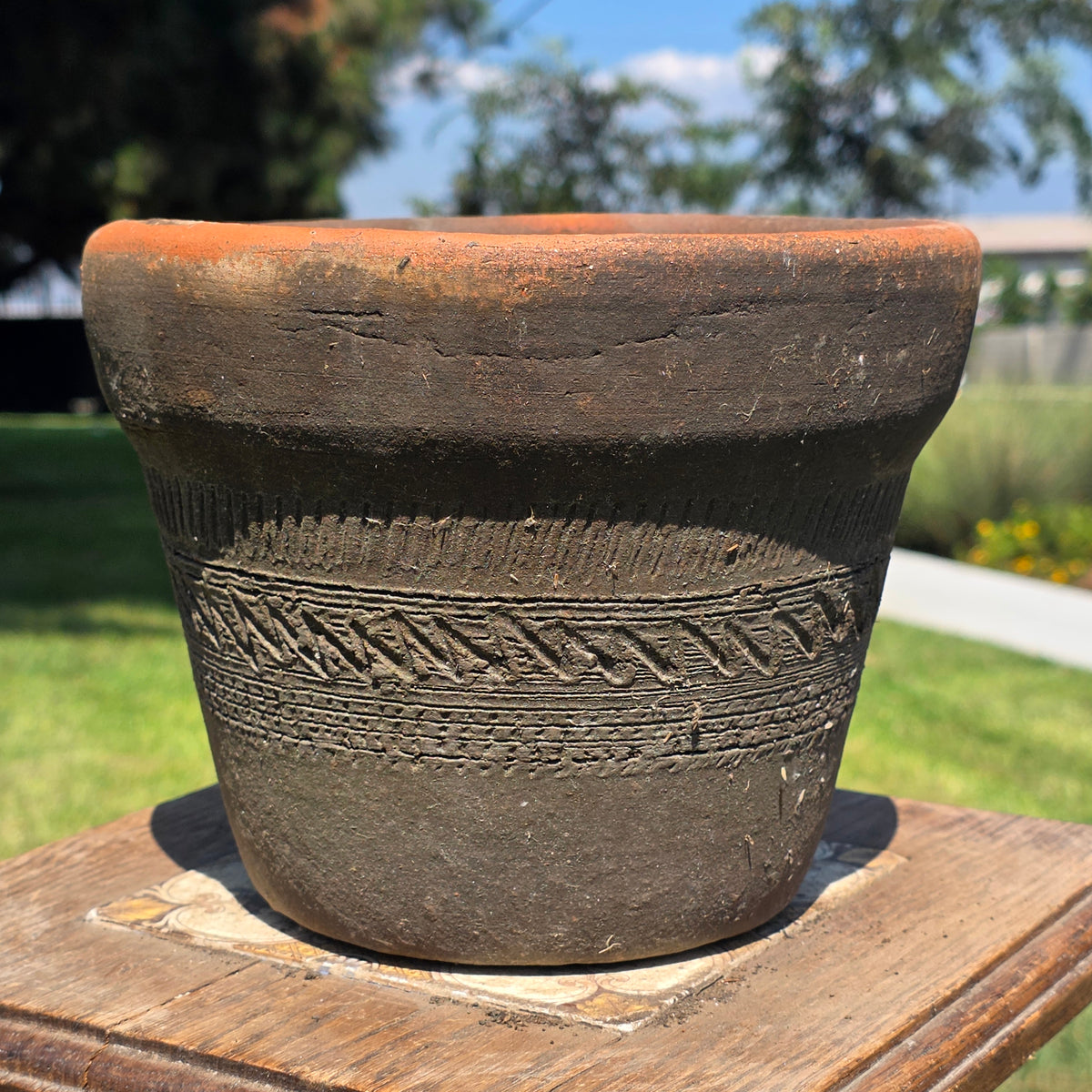 Vtg Mexico Terracotta Planter Aztec Geometric Carved Clay Pot Southwestern 6"