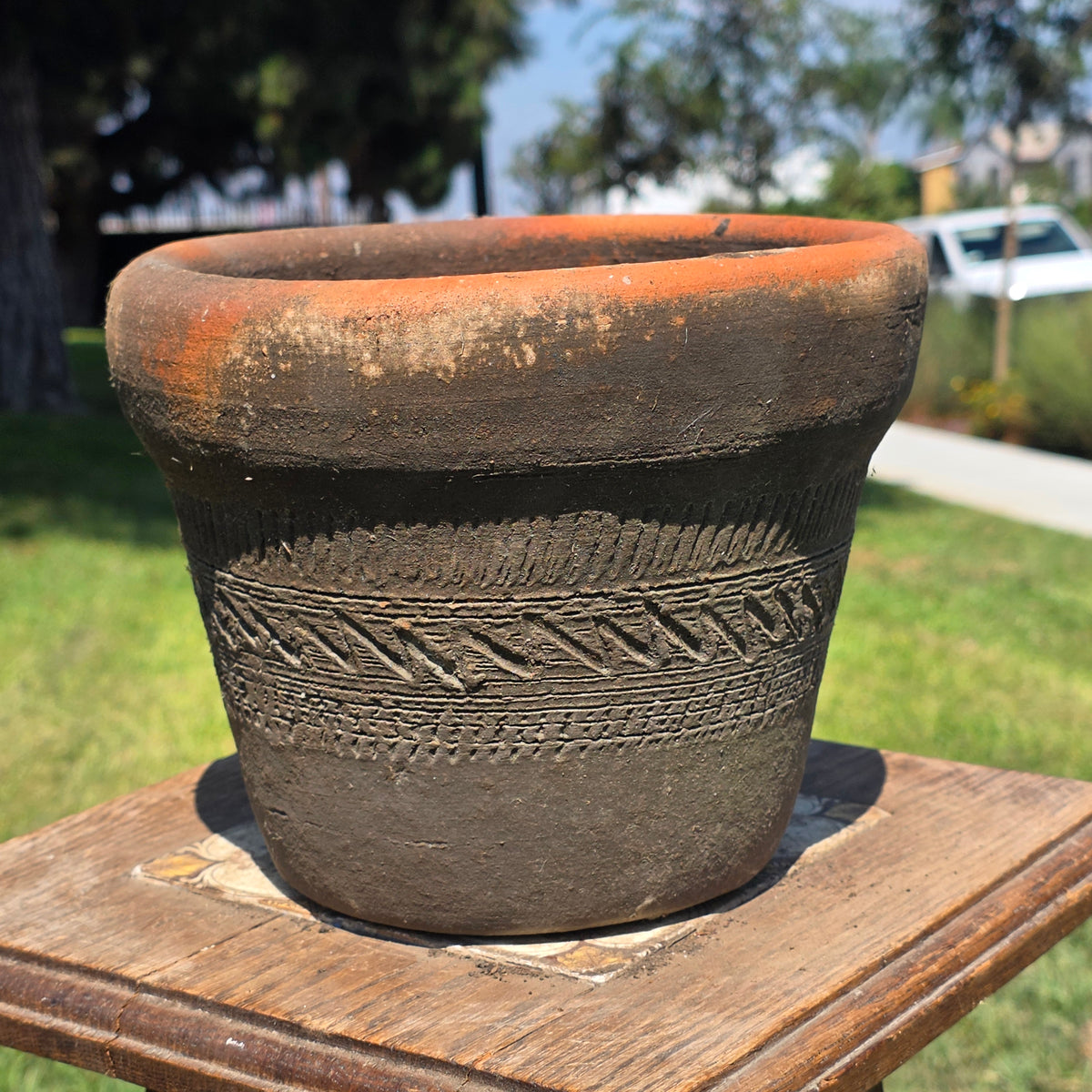 Vtg Mexico Terracotta Planter Aztec Geometric Carved Clay Pot Southwestern 6"