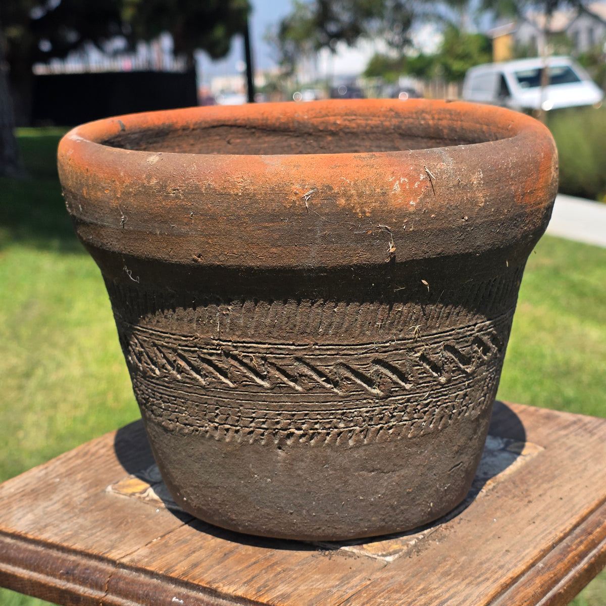 Vtg Mexico Terracotta Planter Aztec Geometric Carved Clay Pot Southwestern 6"