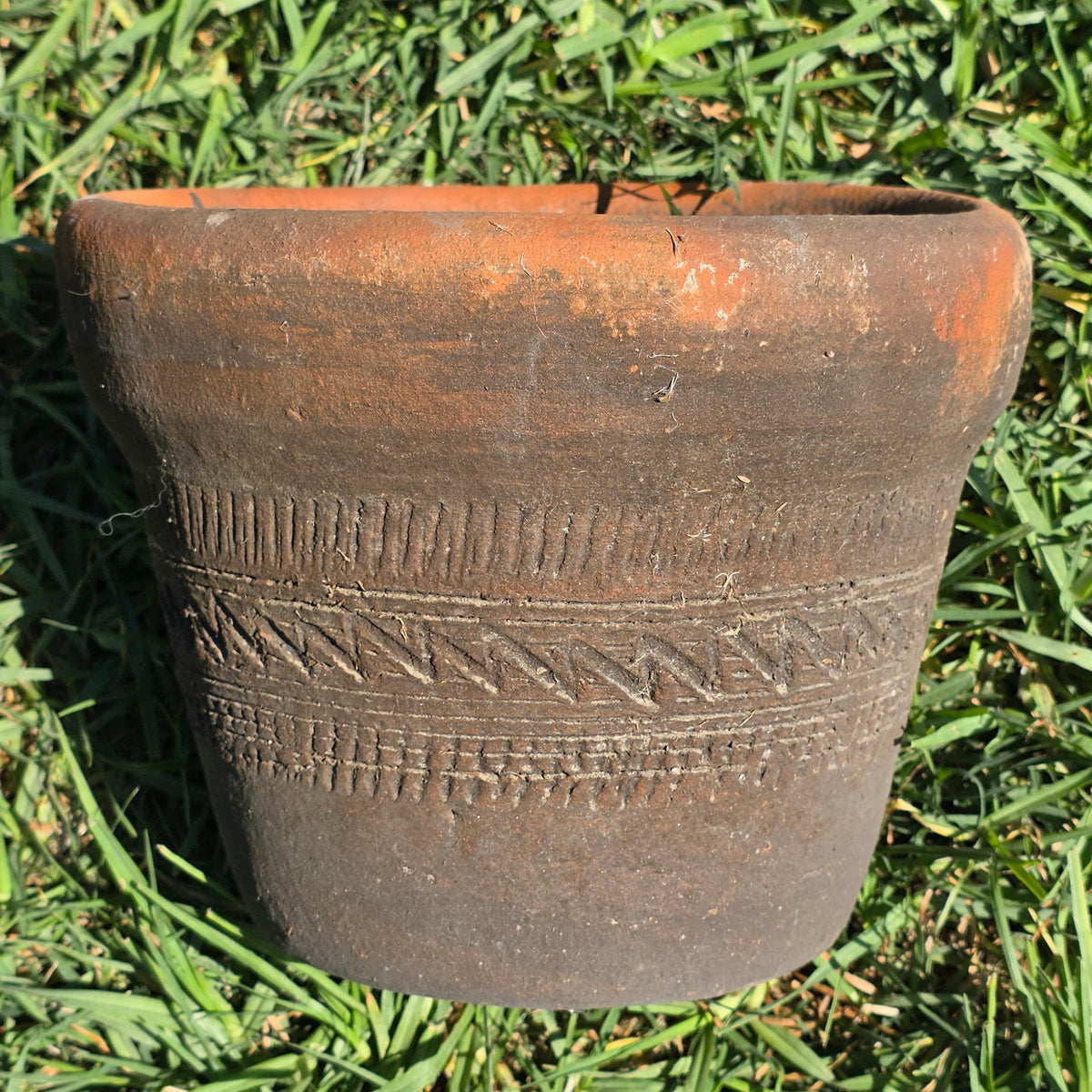 Vtg Mexico Terracotta Planter Aztec Geometric Carved Clay Pot Southwestern 6"