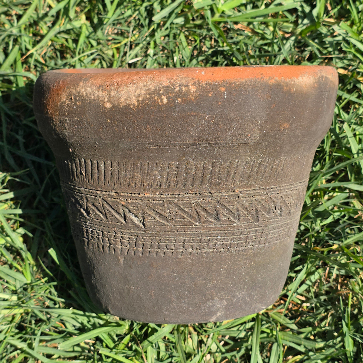 Vtg Mexico Terracotta Planter Aztec Geometric Carved Clay Pot Southwestern 6"