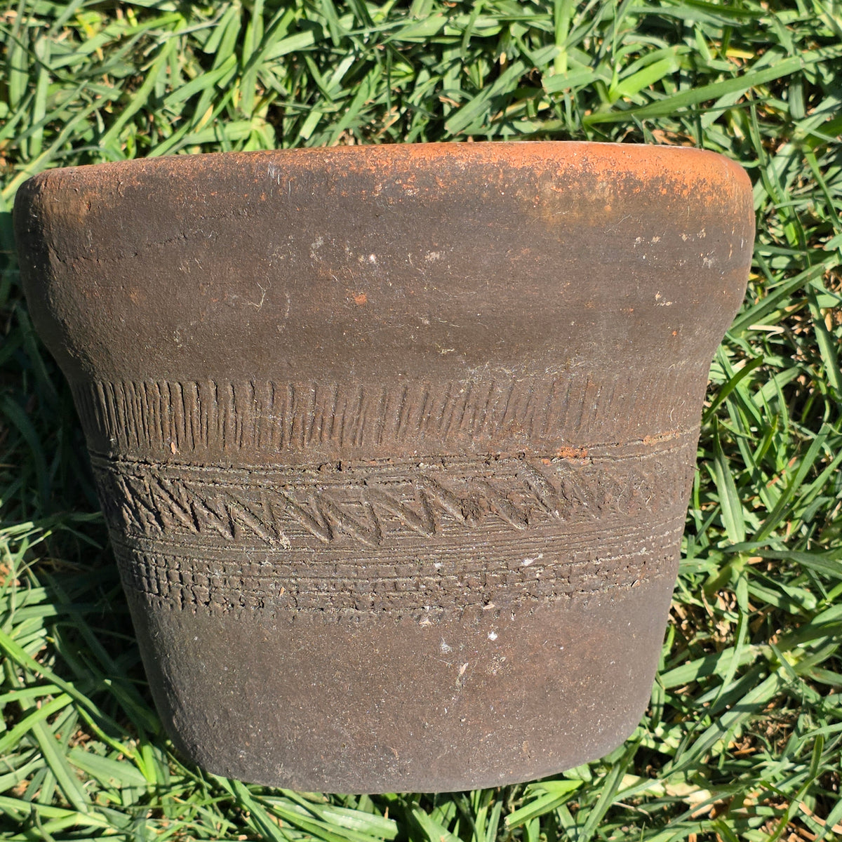 Vtg Mexico Terracotta Planter Aztec Geometric Carved Clay Pot Southwestern 6"