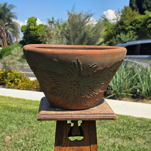 Vtg Mexican Terracotta Planter Sunburst Flower Clay Pot 15" Rustic Garden MCM
