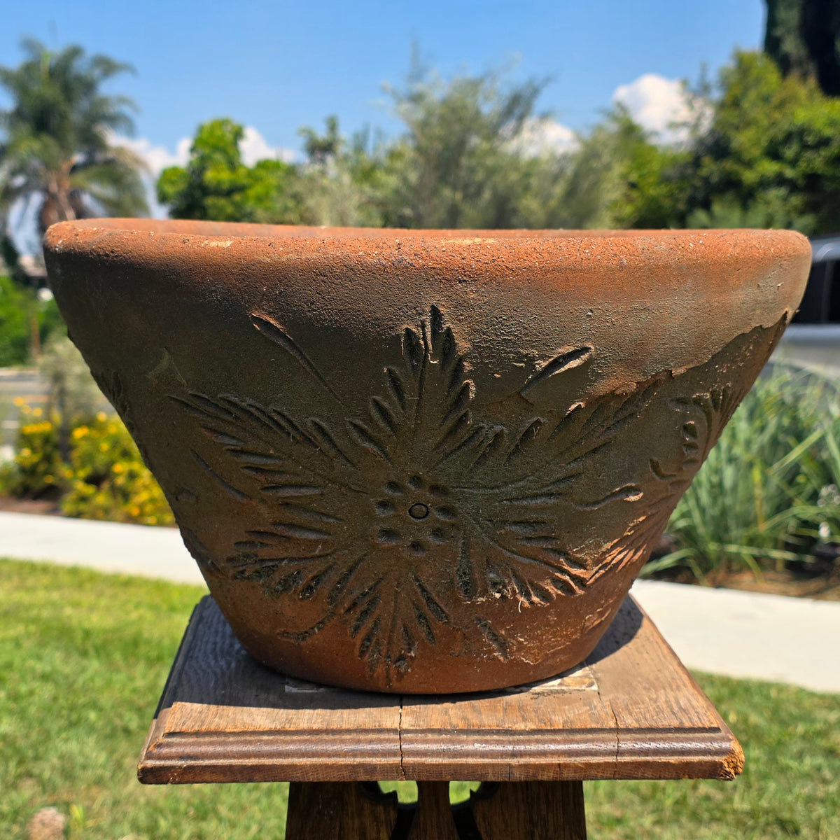 Vtg Mexican Terracotta Planter Sunburst Flower Clay Pot 15" Rustic Garden MCM