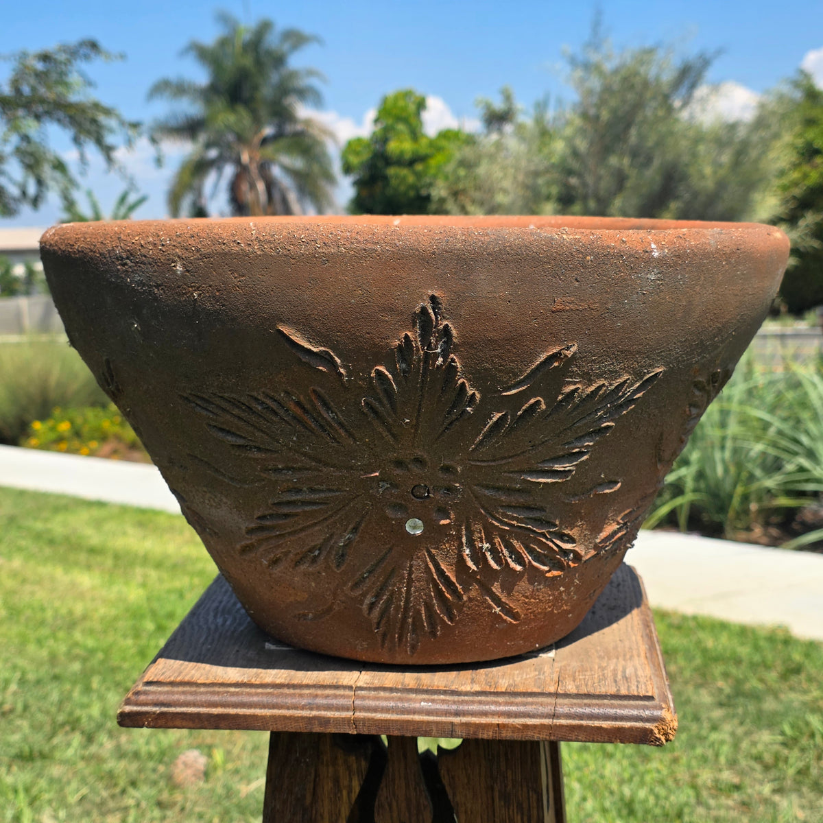 Vtg Mexican Terracotta Planter Sunburst Flower Clay Pot 15" Rustic Garden MCM