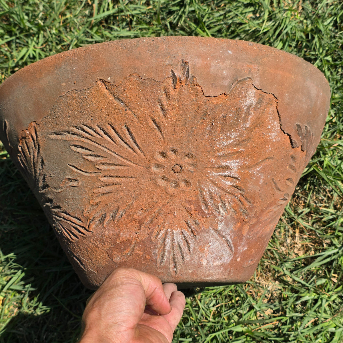 Vtg Mexican Terracotta Planter Sunburst Flower Clay Pot 15" Rustic Garden MCM