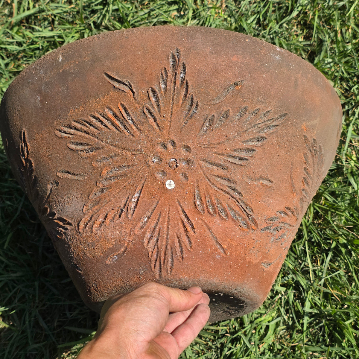Vtg Mexican Terracotta Planter Sunburst Flower Clay Pot 15" Rustic Garden MCM