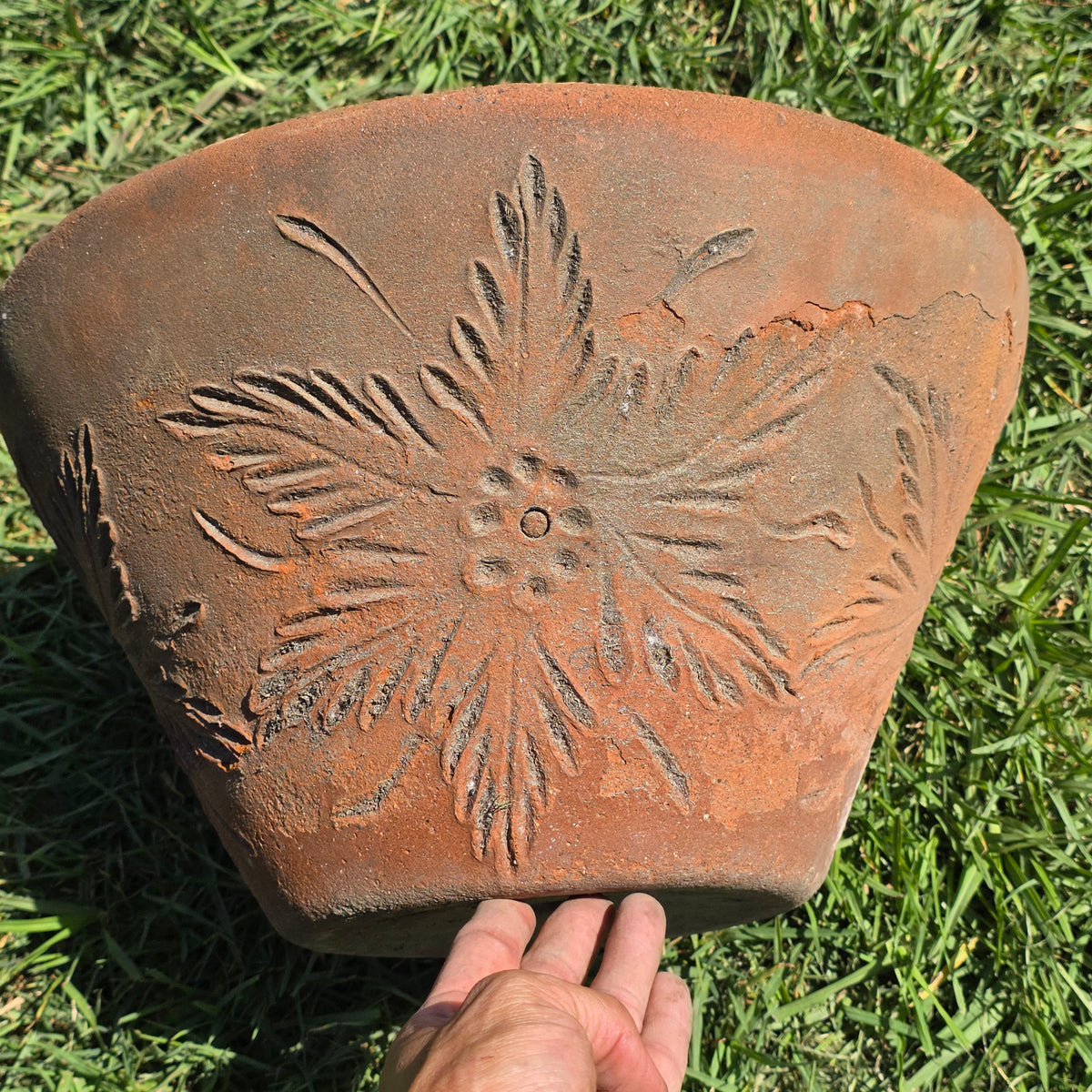Vtg Mexican Terracotta Planter Sunburst Flower Clay Pot 15" Rustic Garden MCM