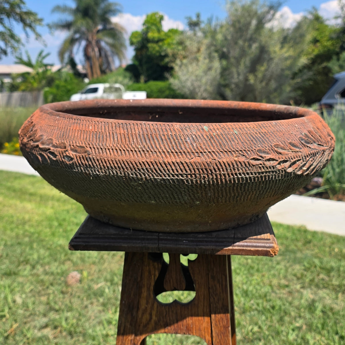 Vintage Mexican Terracotta Planter Daisy Flower Low Bowl 17" Rustic Garden MCM
