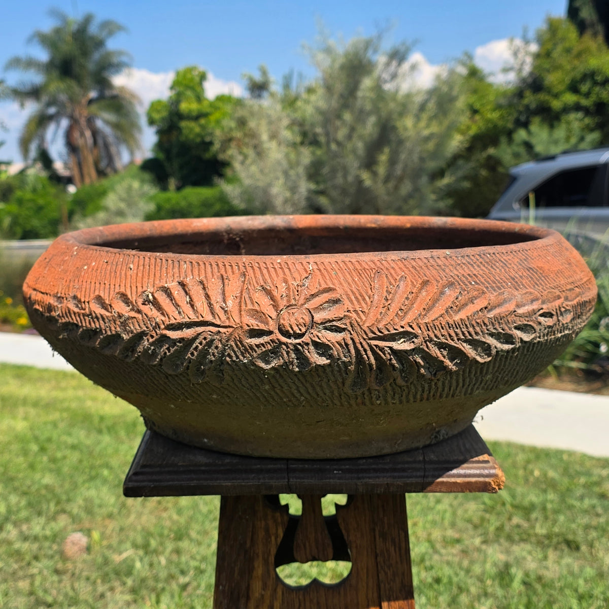 Vintage Mexican Terracotta Planter Daisy Flower Low Bowl 17" Rustic Garden MCM