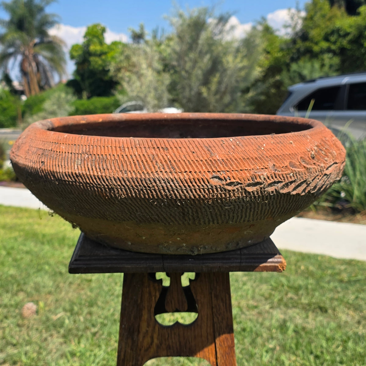Vintage Mexican Terracotta Planter Daisy Flower Low Bowl 17" Rustic Garden MCM