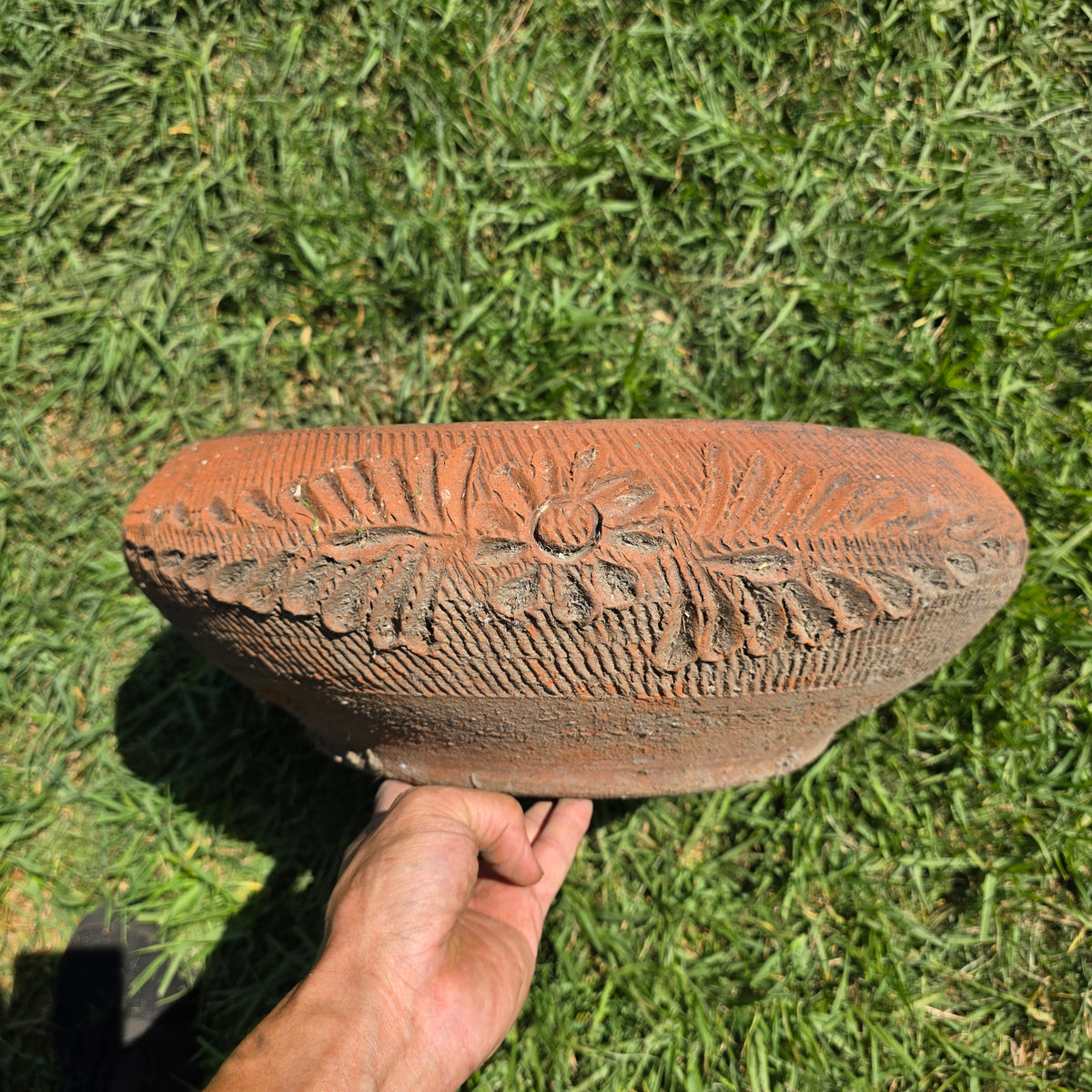 Vintage Mexican Terracotta Planter Daisy Flower Low Bowl 17" Rustic Garden MCM