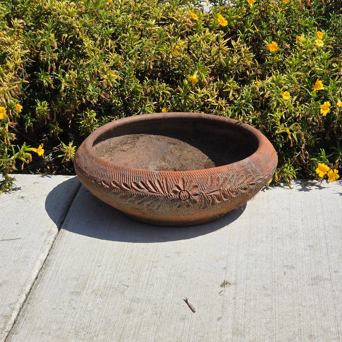 Vintage Mexican Terracotta Planter Daisy Flower Low Bowl 17" Rustic Garden MCM