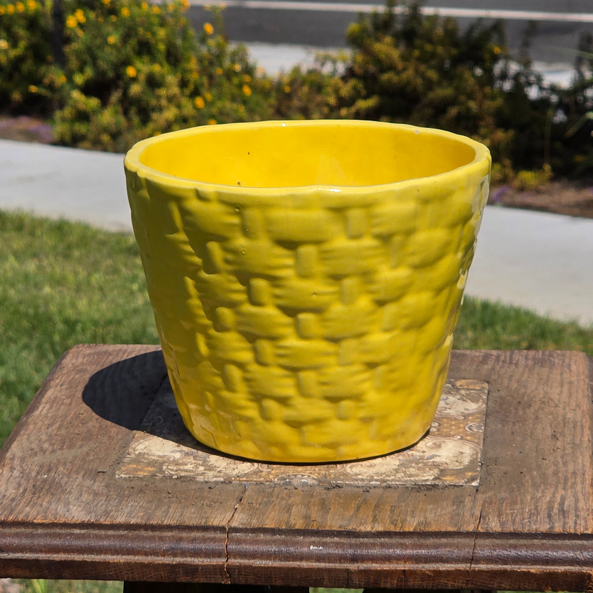 Vintage Yellow Ceramic Basketweave Planter Mid Century MCM Pottery Flower Pot 5"