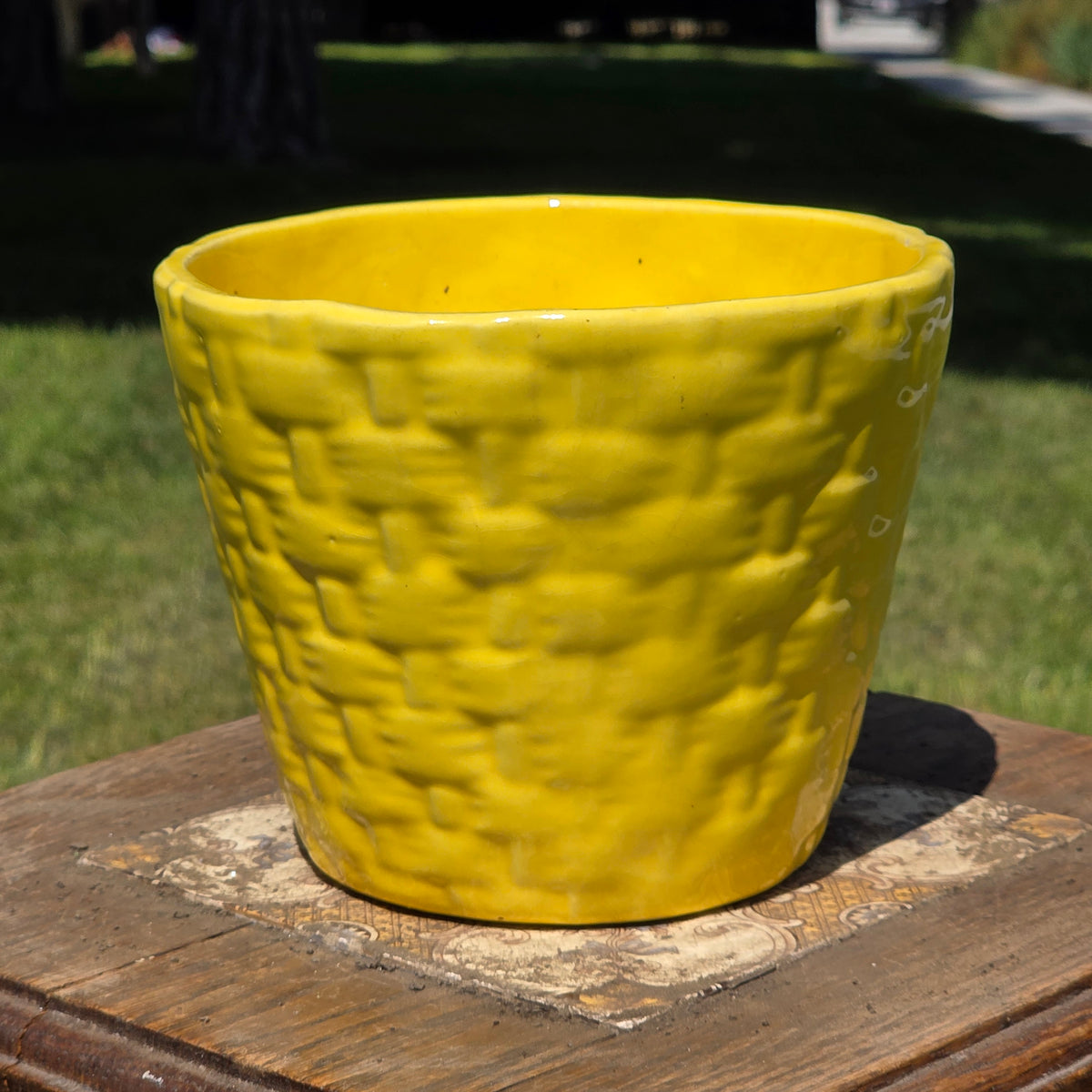Vintage Yellow Ceramic Basketweave Planter Mid Century MCM Pottery Flower Pot 5"