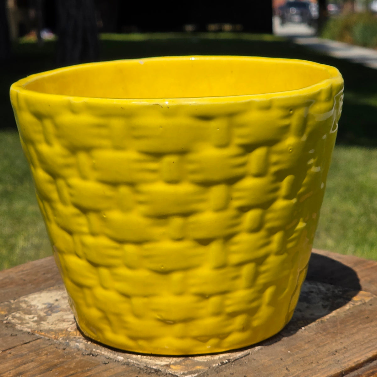 Vintage Yellow Ceramic Basketweave Planter Mid Century MCM Pottery Flower Pot 5"