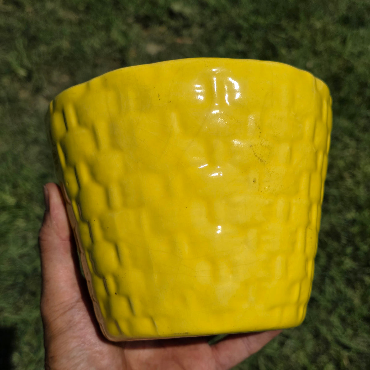 Vintage Yellow Ceramic Basketweave Planter Mid Century MCM Pottery Flower Pot 5"