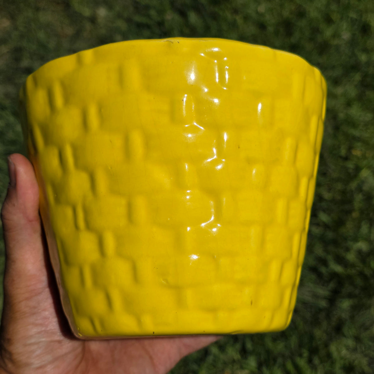Vintage Yellow Ceramic Basketweave Planter Mid Century MCM Pottery Flower Pot 5"