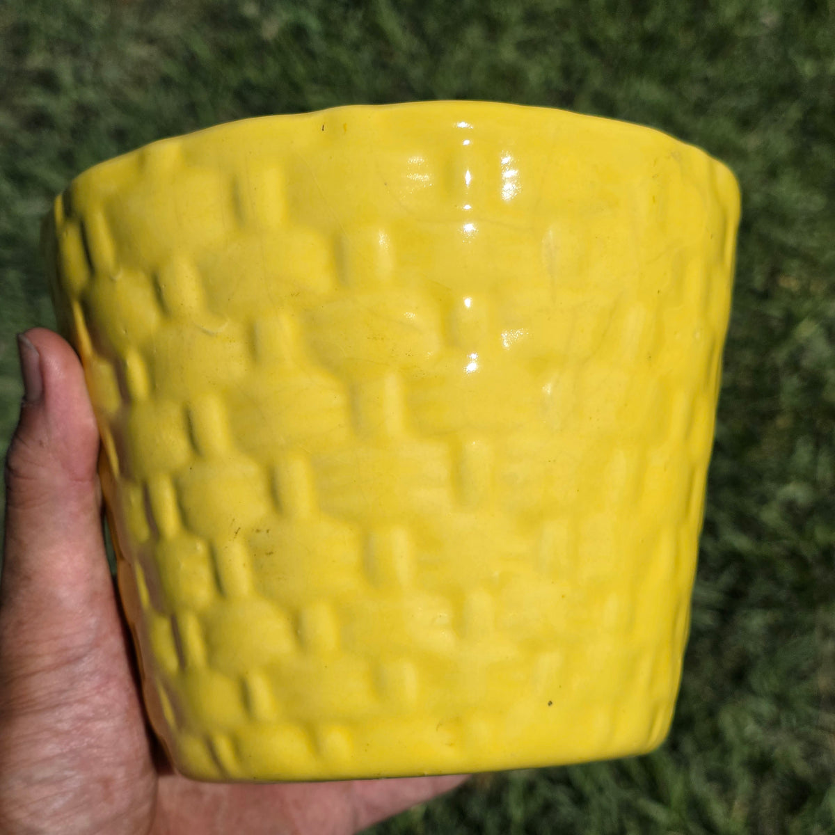 Vintage Yellow Ceramic Basketweave Planter Mid Century MCM Pottery Flower Pot 5"