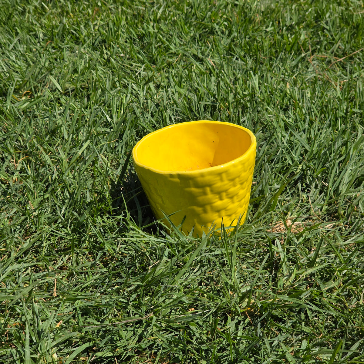 Vintage Yellow Ceramic Basketweave Planter Mid Century MCM Pottery Flower Pot 5"