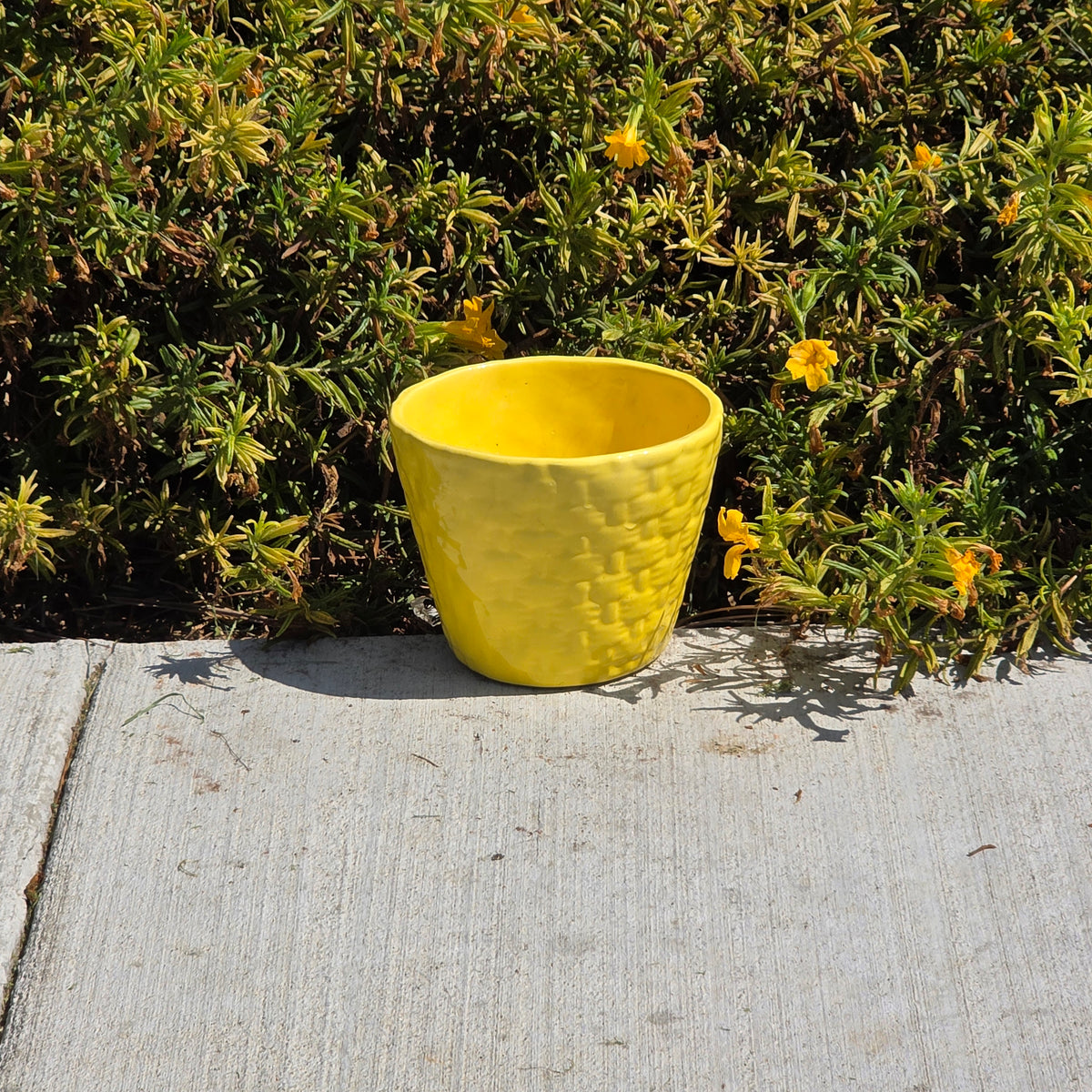 Vintage Yellow Ceramic Basketweave Planter Mid Century MCM Pottery Flower Pot 5"