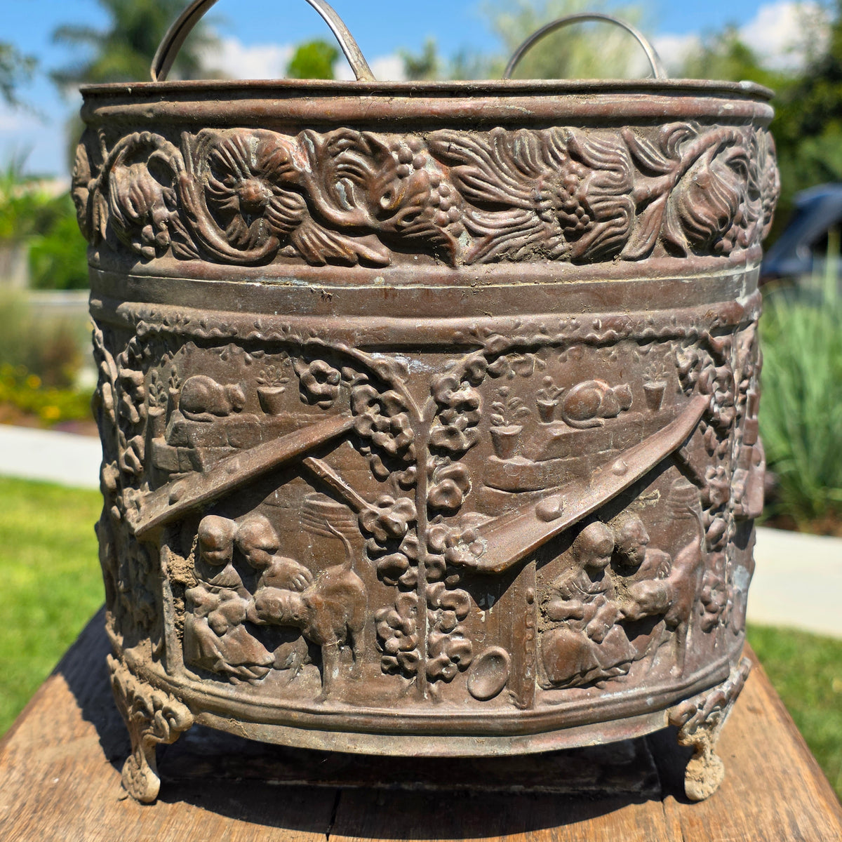 Antique Dutch Copper Repousse Planter Pot Embossed Children Dog Cat Cachepot