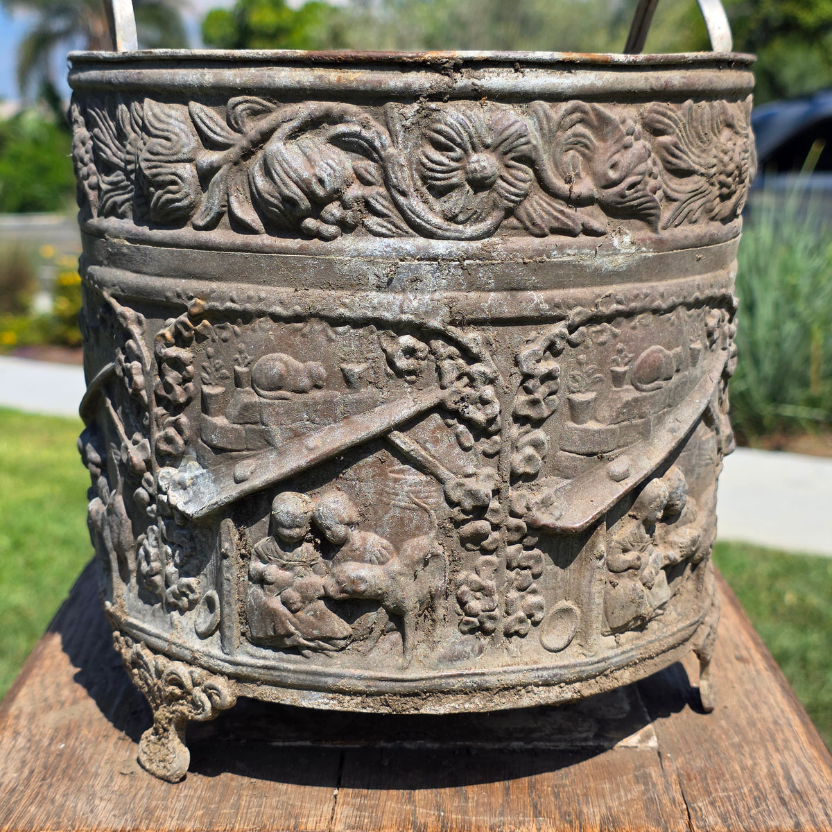 Antique Dutch Copper Repousse Planter Pot Embossed Children Dog Cat Cachepot