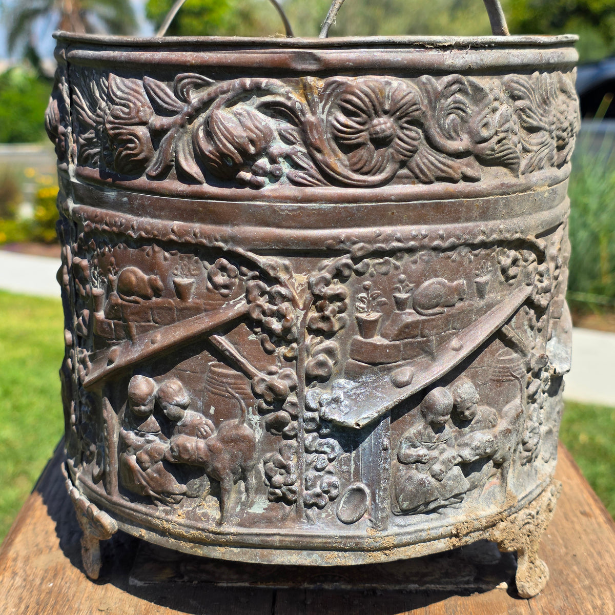 Antique Dutch Copper Repousse Planter Pot Embossed Children Dog Cat Cachepot