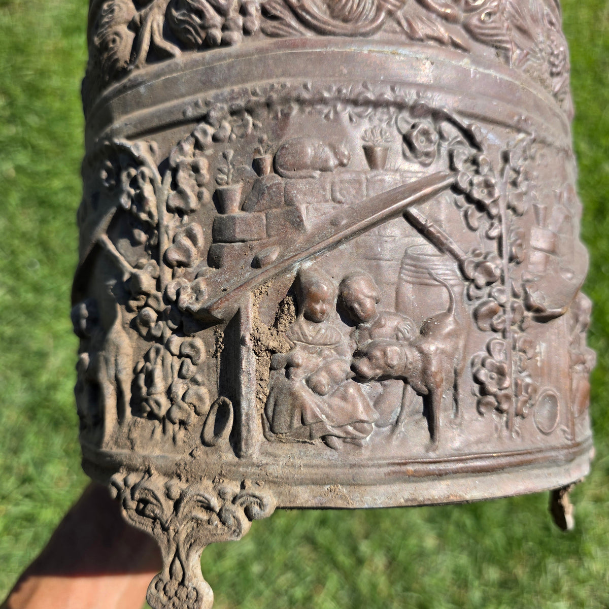 Antique Dutch Copper Repousse Planter Pot Embossed Children Dog Cat Cachepot