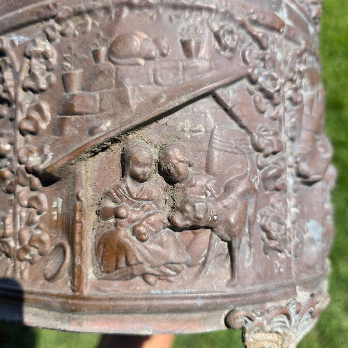 Antique Dutch Copper Repousse Planter Pot Embossed Children Dog Cat Cachepot