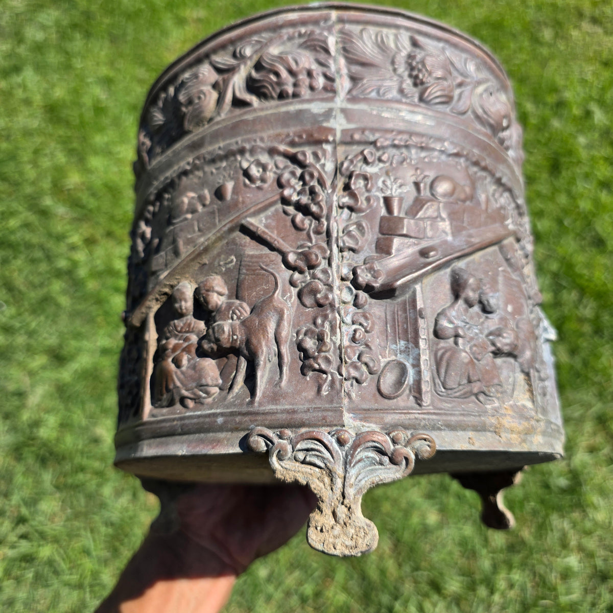 Antique Dutch Copper Repousse Planter Pot Embossed Children Dog Cat Cachepot