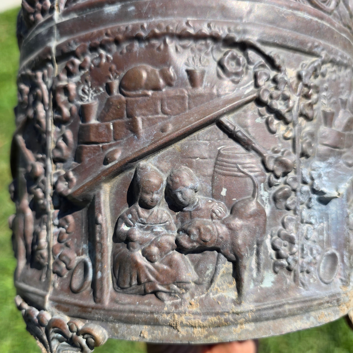 Antique Dutch Copper Repousse Planter Pot Embossed Children Dog Cat Cachepot