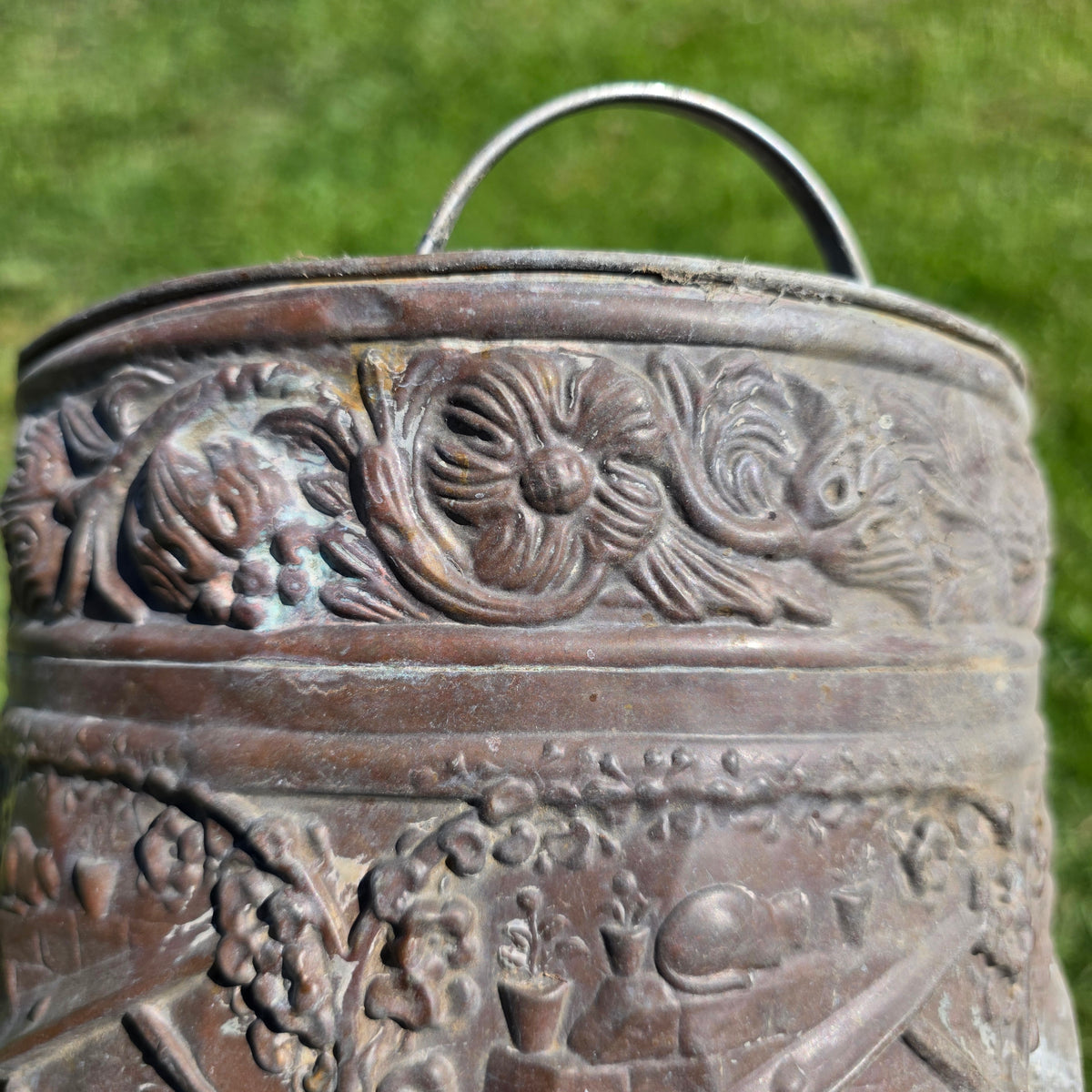 Antique Dutch Copper Repousse Planter Pot Embossed Children Dog Cat Cachepot