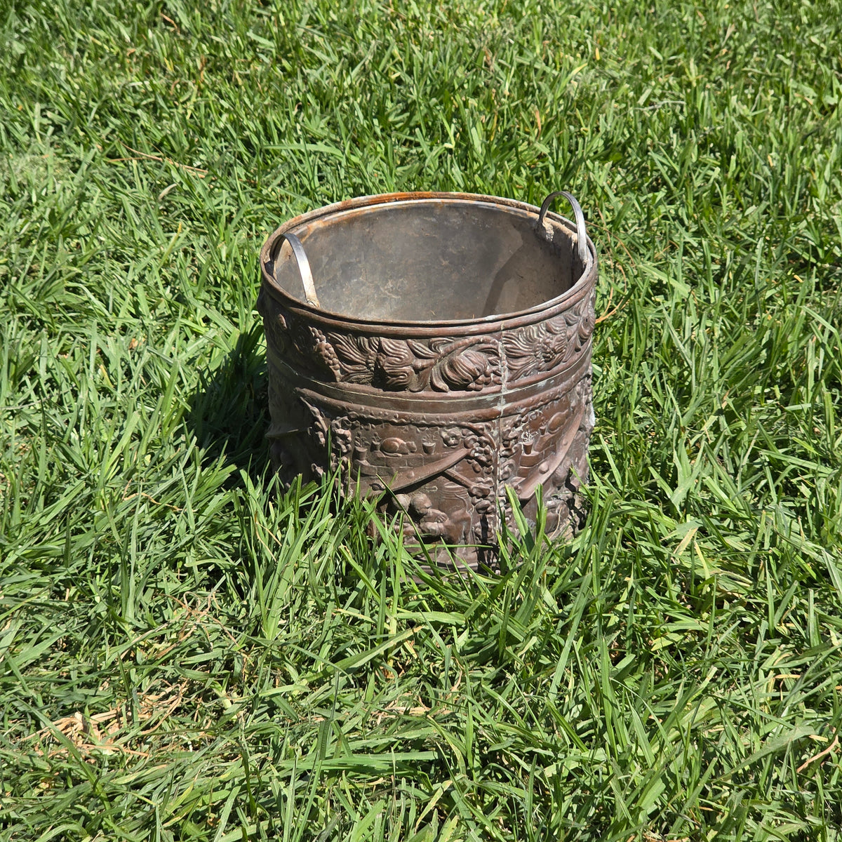 Antique Dutch Copper Repousse Planter Pot Embossed Children Dog Cat Cachepot