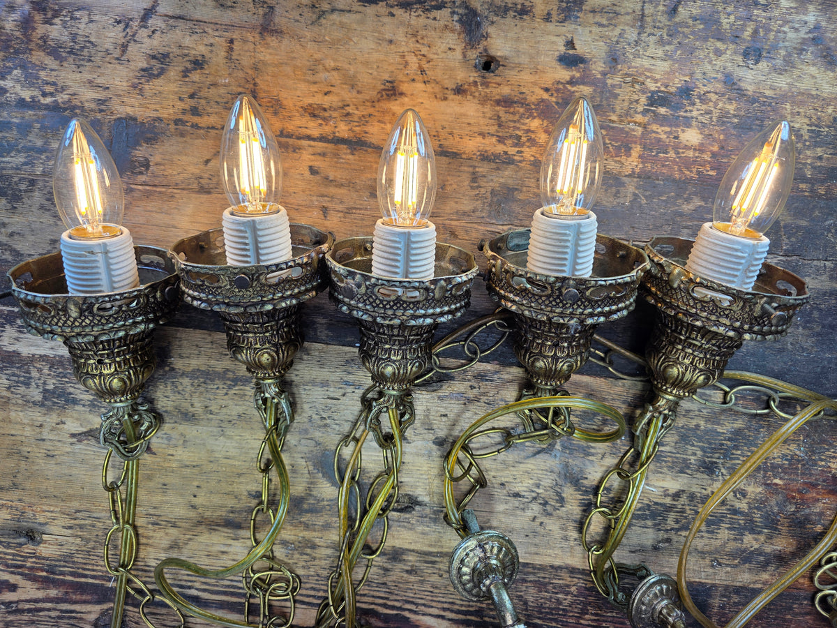 Vintage 1975 EK Hollywood Regency Brass 5 Light Cascade Swag Chandelier Lamp