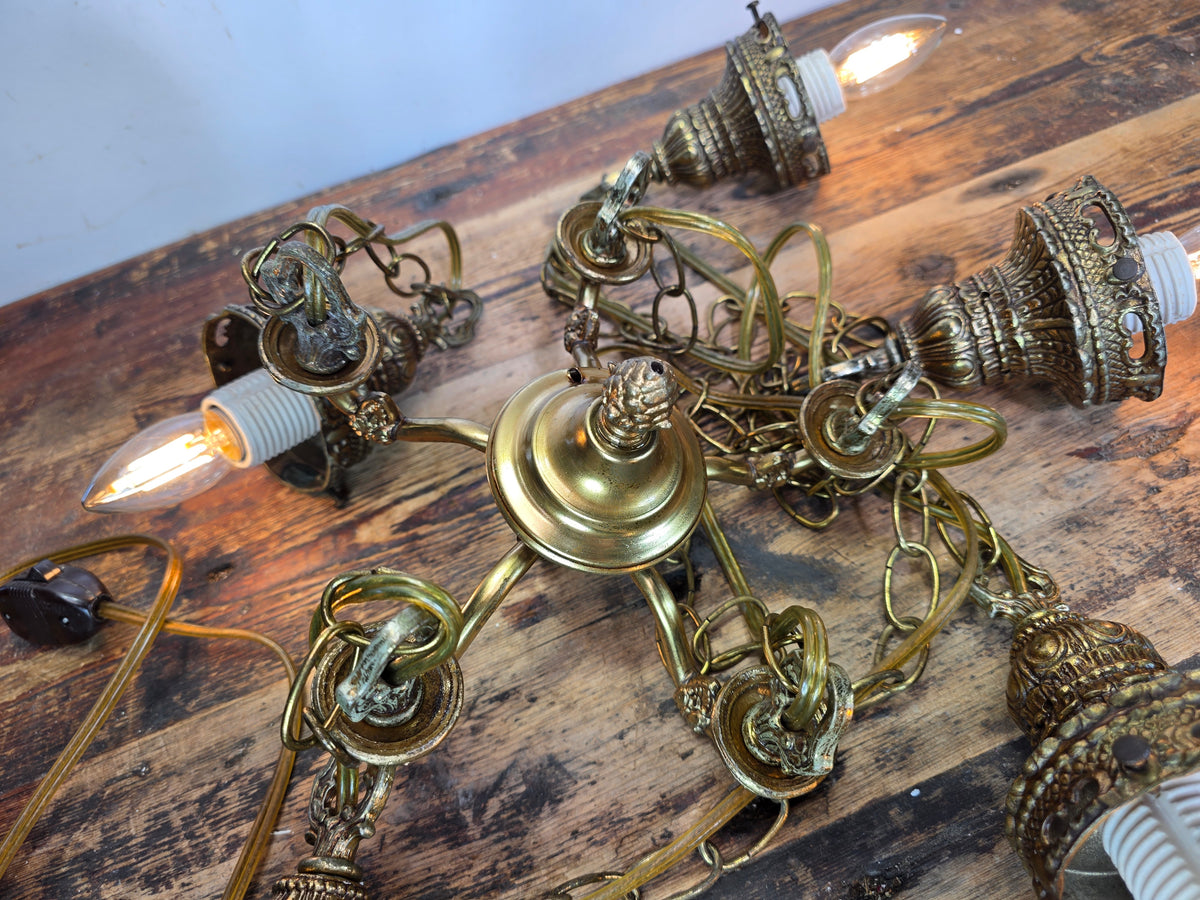 Vintage 1975 EK Hollywood Regency Brass 5 Light Cascade Swag Chandelier Lamp