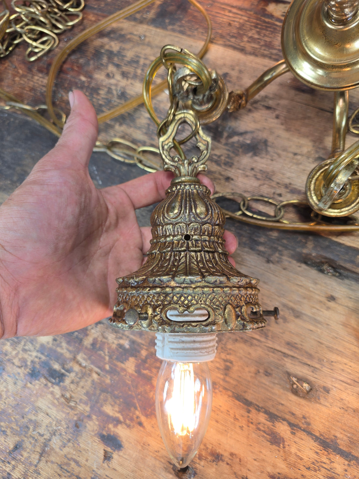 Vintage 1975 EK Hollywood Regency Brass 5 Light Cascade Swag Chandelier Lamp