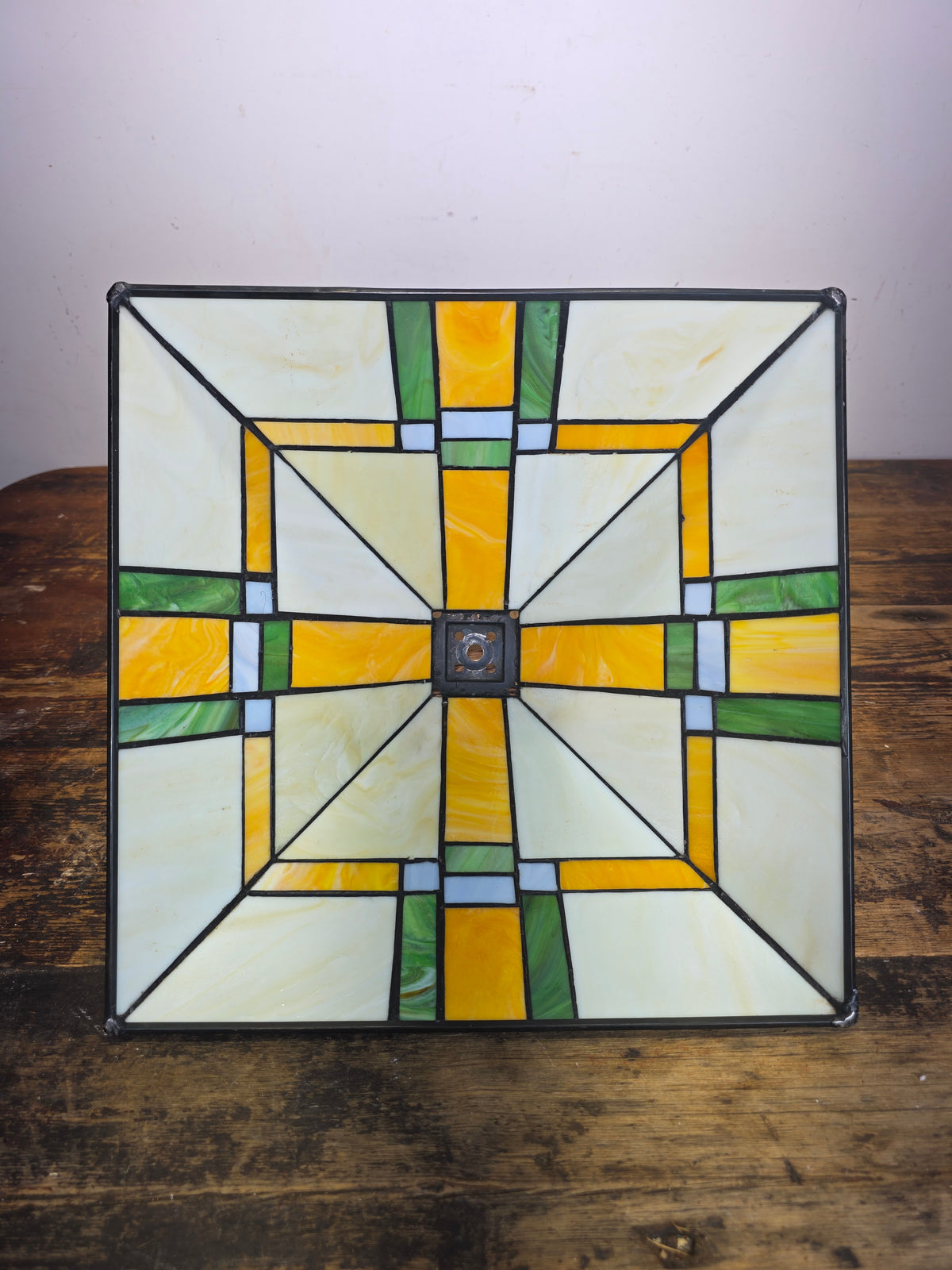 Vintage Mission Style Stained Glass Table Lamp Phelps Dodge Red Brass 1950s (Damage)