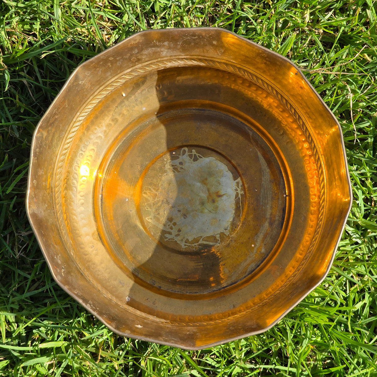 Vintage Solid Brass Planter Bowl 12" India Scalloped Rope Large Jardiniere Gold